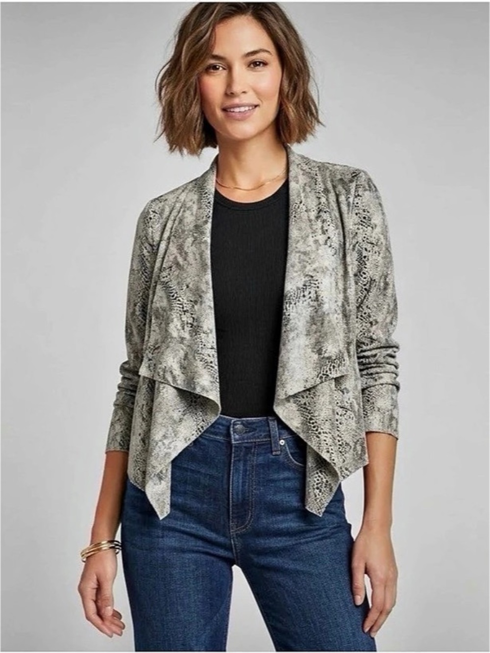 Anthropologie [BlankNYC] Vegan Leather Snake Skin Print Open Front Drape Jacket
